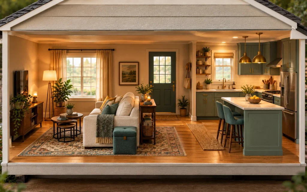 Cutaway view of a small open-plan living room zoned beside a kitchen
