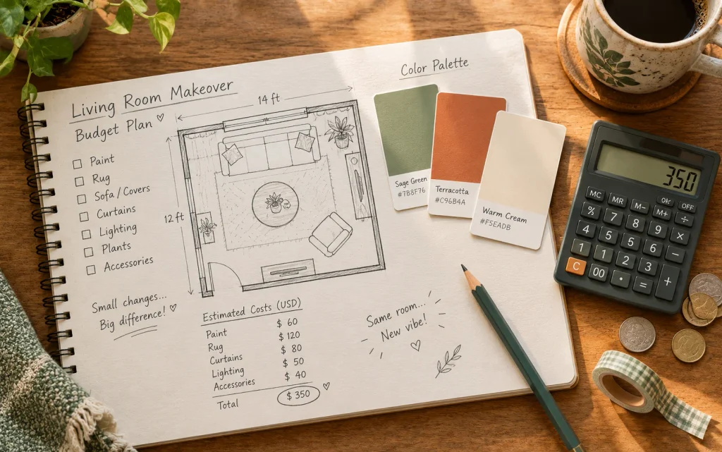 18 Budget Friendly Living Room Makeover: Cozy, Bold & Easy 1 Sketchbook budget plan for a budget friendly living room makeover