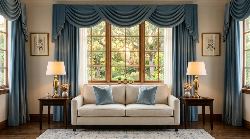 No Sew Window Valance Ideas: 30 Easy DIY Looks for Any Room 9 Living room swag no sew window valance in dusty blue velvet