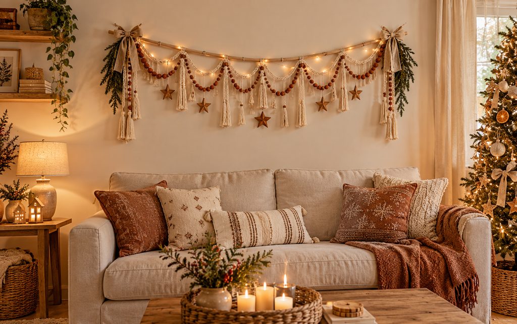 15 Dreamy Boho Christmas Living Room Ideas for a Cozy 2026 Makeover 2 Macrame garland wall