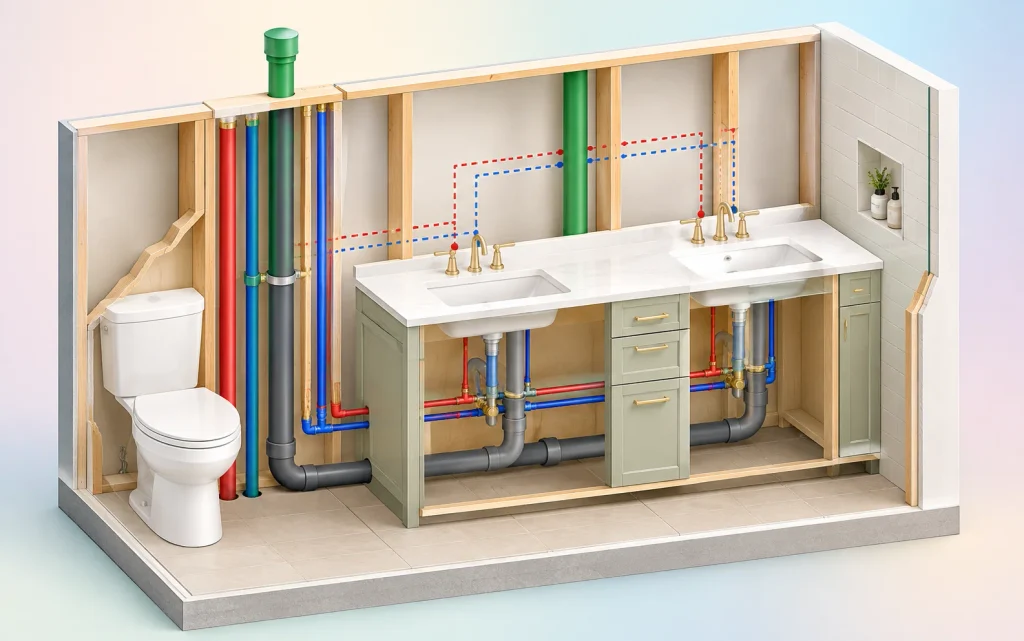  Cutaway diagram of supply, drain, and vent lines behind a double vanity