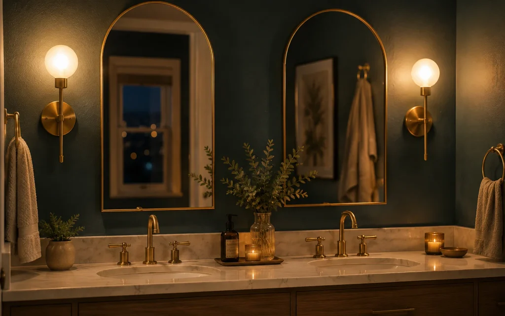  Matching brass sconces glowing beside two arched mirrors over a double vanity