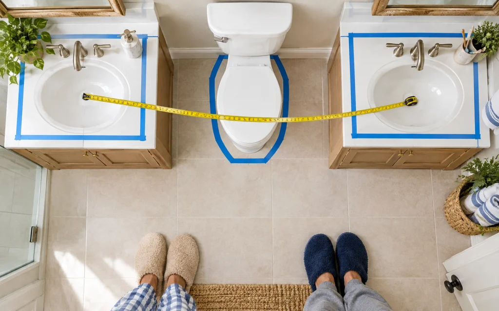 Painter's tape outlining two sink footprints on a bathroom floor