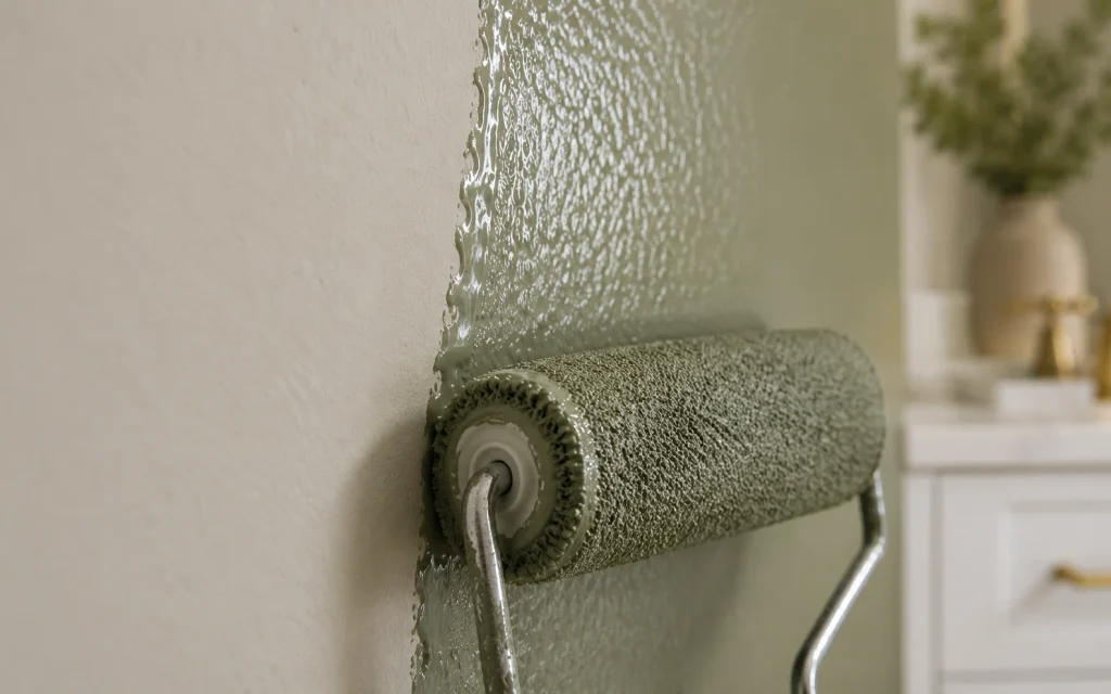 Roller applying sage green mildew resistant paint to a bathroom wall