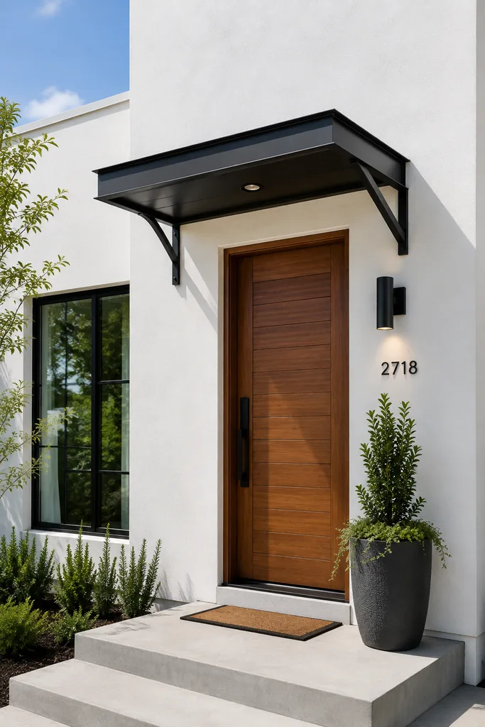 How to Add a Porch Canopy: 13 Stylish Ideas 2 Modern black steel flat canopy over a wood front door with black house numbers and a sconce