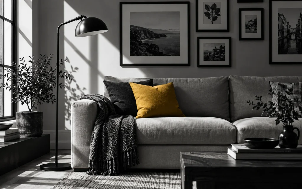  Modern black and neutral living room with one mustard yellow pillow accent