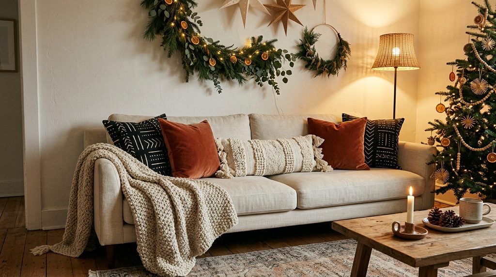 15 Dreamy Boho Christmas Living Room Ideas for a Cozy 2026 Makeover 10 Mudcloth pillow sofa