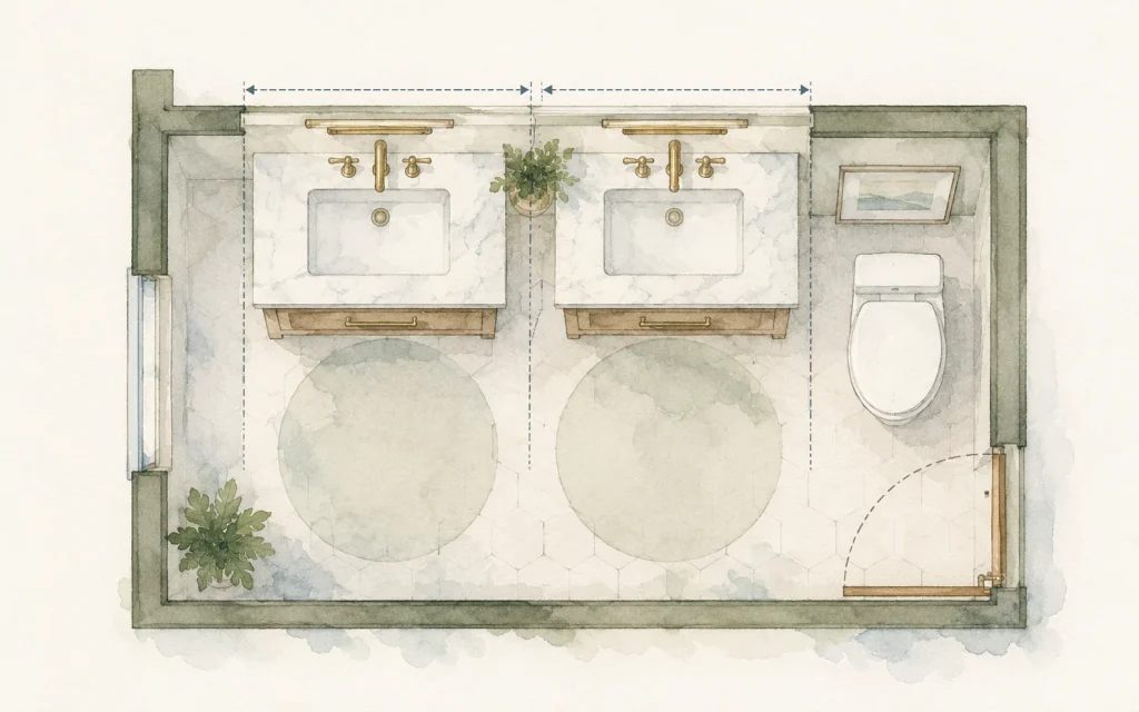 Watercolor floor plan of two narrow vanities in a small bathroom