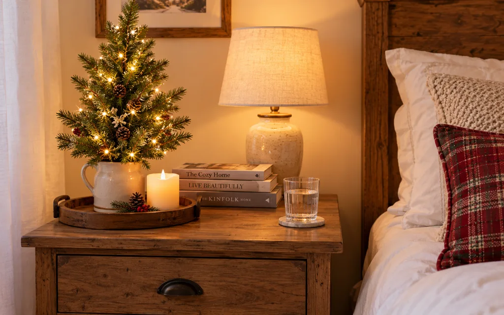 Nightstand with a mini tree and books