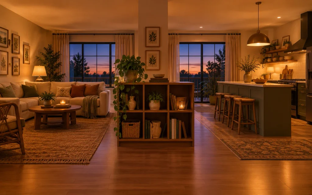 18 Budget Friendly Living Room Makeover: Cozy, Bold & Easy 11 Open bookshelf divider between a living room and a kitchen at dusk