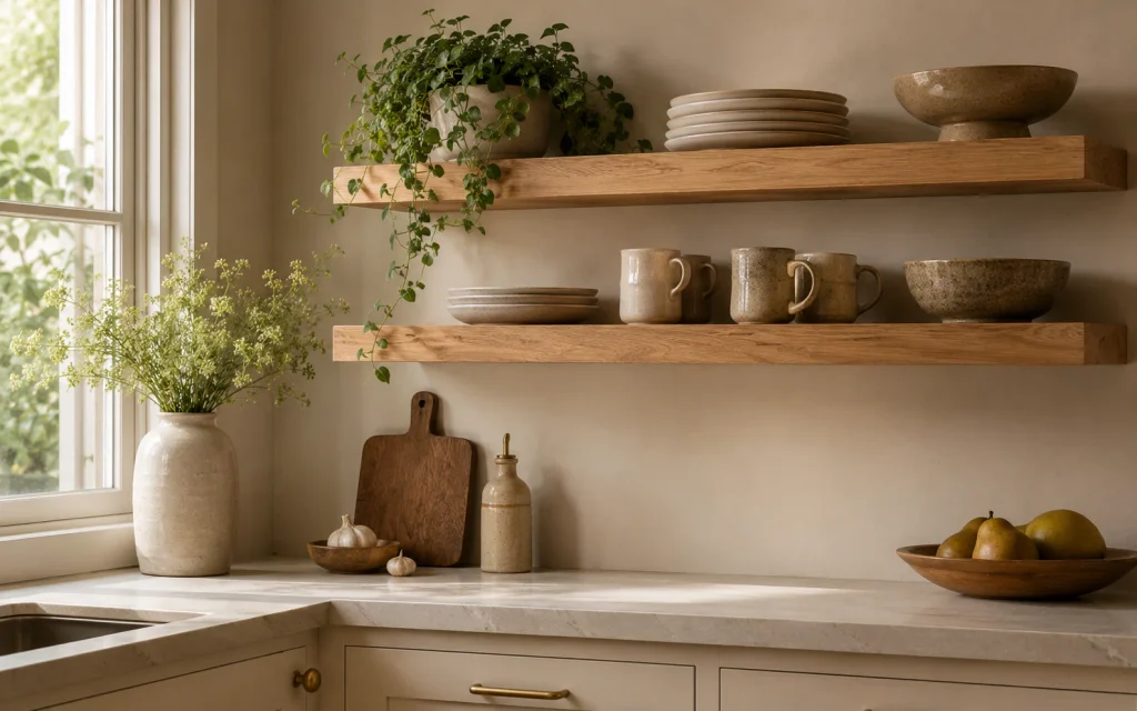 How to Remodel a Kitchen on a Budget: 18 Smart Ideas 11 Natural oak open shelves displaying dishes and plants in a remodeled kitchen