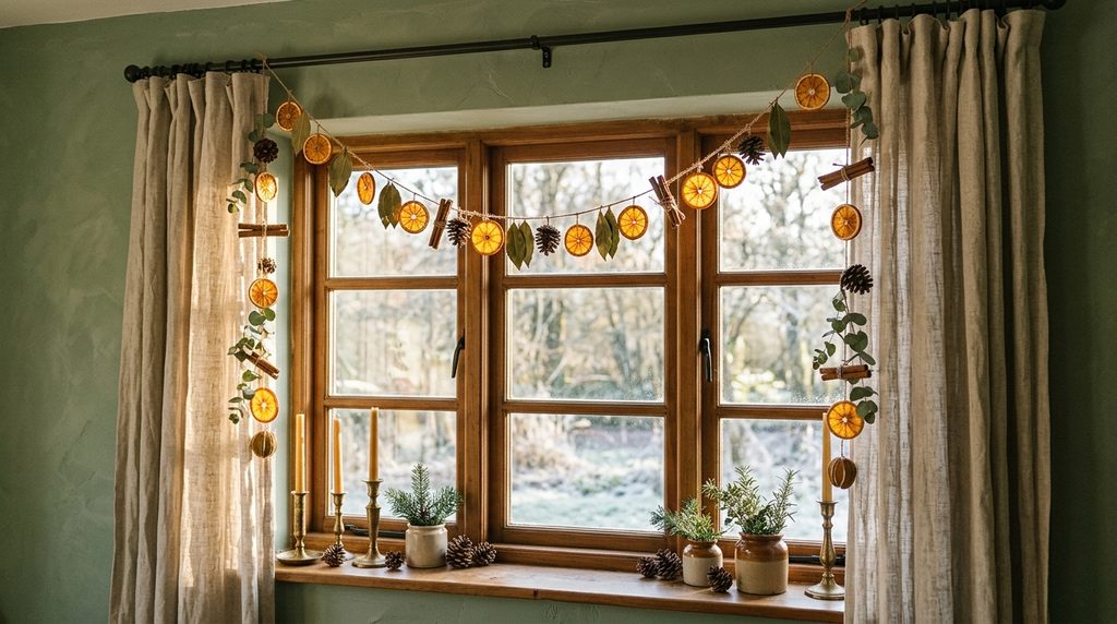 15 Dreamy Boho Christmas Living Room Ideas for a Cozy 2026 Makeover 5 Orange window garland