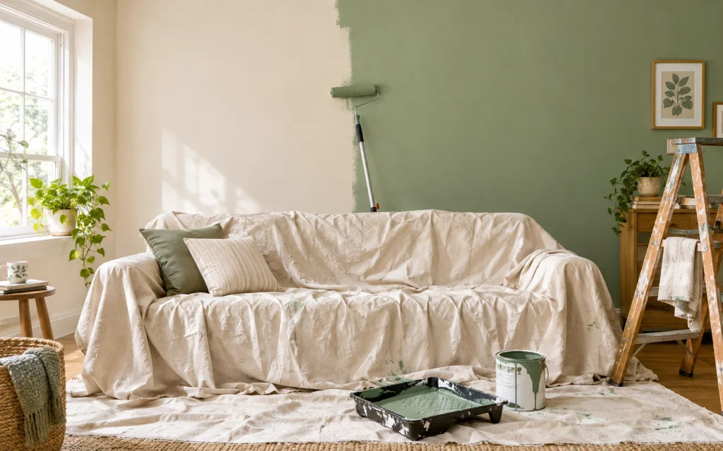18 Budget Friendly Living Room Makeover: Cozy, Bold & Easy 2 Paint roller turning a beige living room wall sage green