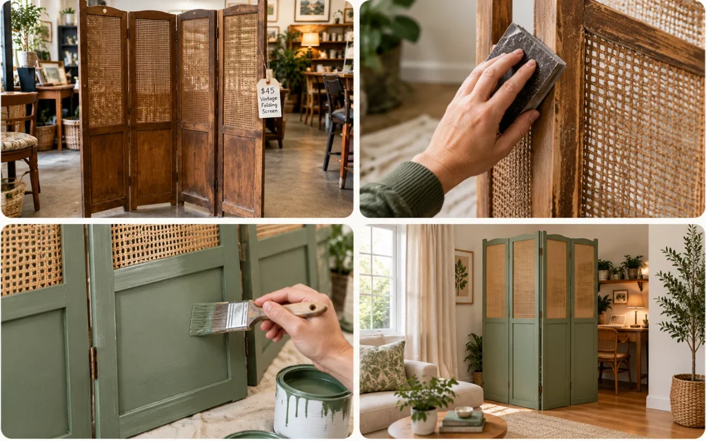 18 Budget Friendly Living Room Makeover: Cozy, Bold & Easy 13 Four steps of painting a folding screen as a budget room divider