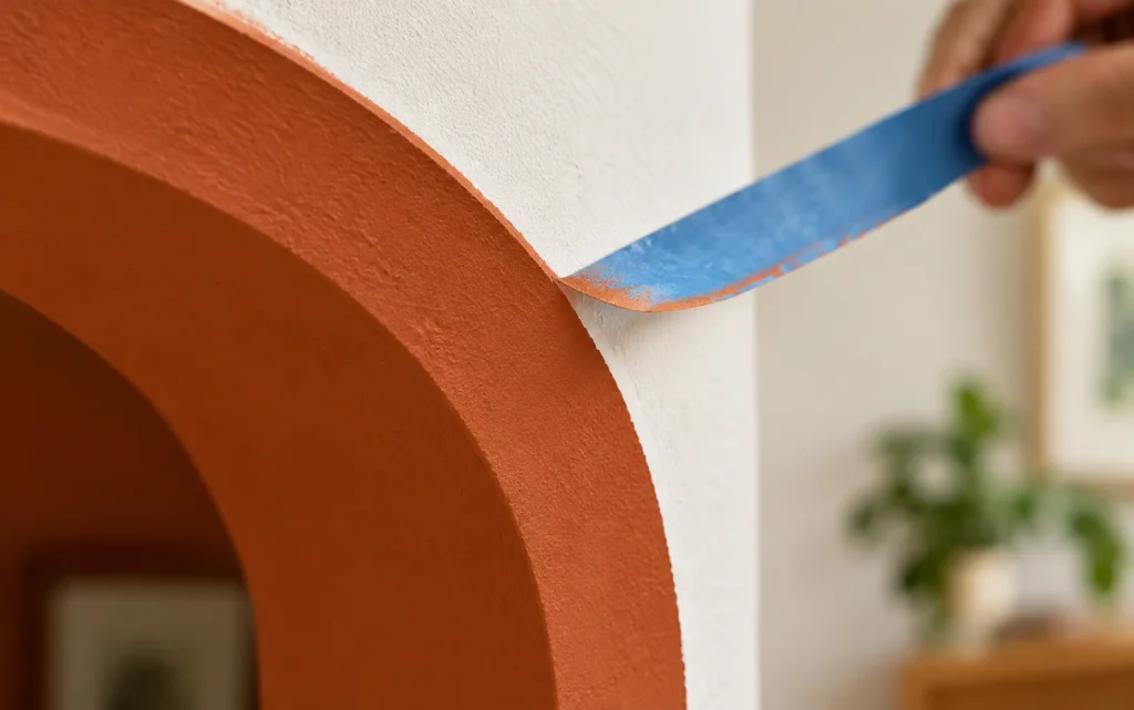 18 Budget Friendly Living Room Makeover: Cozy, Bold & Easy 3 Peeling tape from a painted terracotta arch for a budget living room wall design