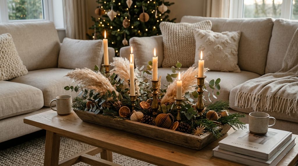 15 Dreamy Boho Christmas Living Room Ideas for a Cozy 2026 Makeover 8 Pampas centerpiece