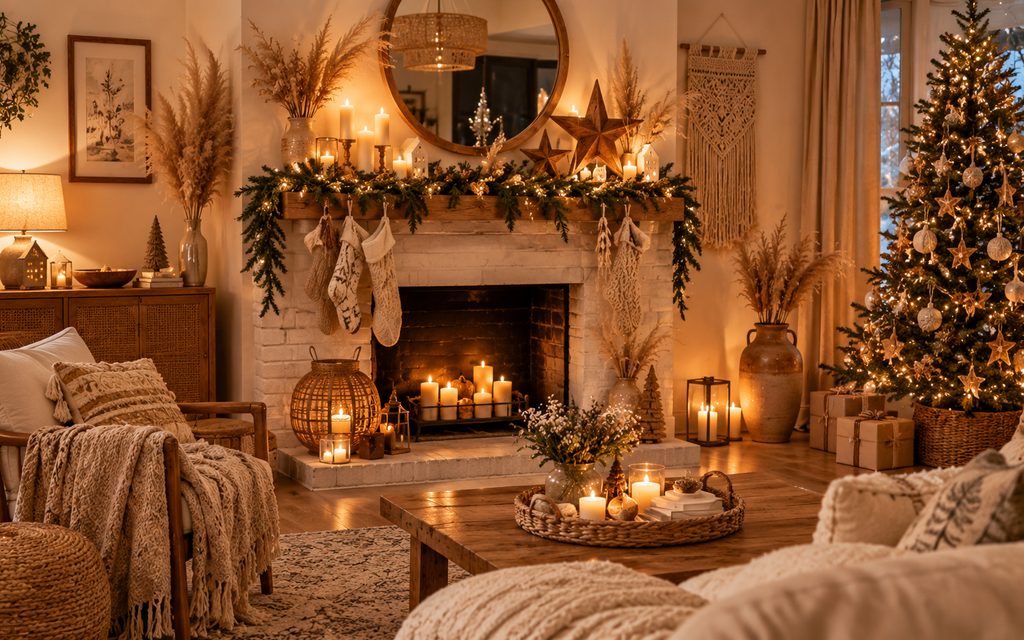 15 Dreamy Boho Christmas Living Room Ideas for a Cozy 2026 Makeover 1 Pampas mantel