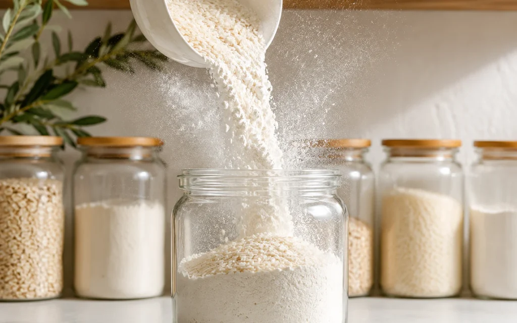 Affordable Tips to Organize Kitchen: 16 Easy Pinterest Ideas 9 Flour and rice pouring into matching clear pantry jars
