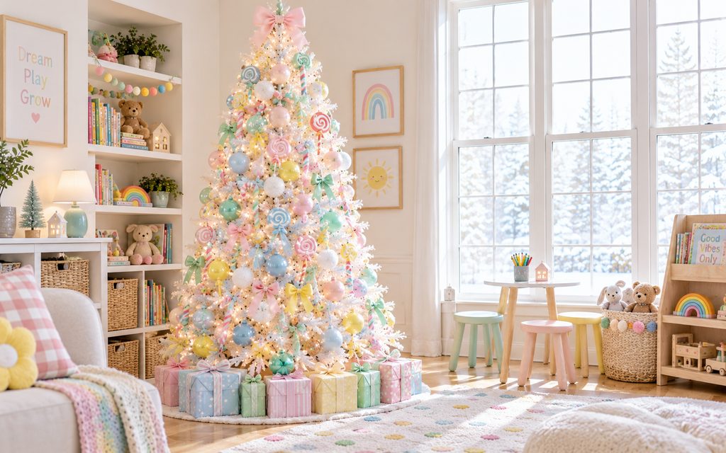 13 Beautiful White Christmas Tree Decorating Ideas for a Magical 2026 Holiday 12 Pastel candy tree