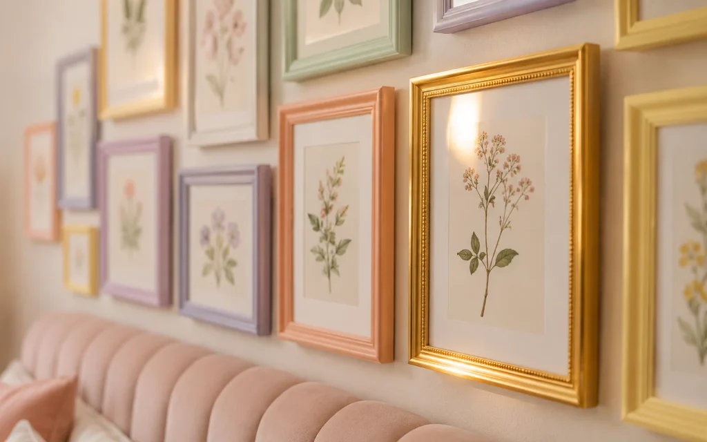 17 Bedroom Decor Ideas for a Girl: Cozy, Chic & Aesthetic 5 Pastel gallery wall above a girl's bed with peach, mint, and lilac frames
