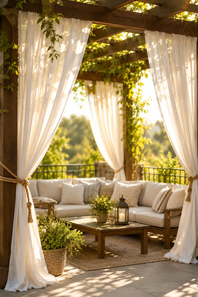How to Add a Porch Canopy: 13 Stylish Ideas 5 White sheer outdoor curtain panels on a pergola creating soft canopy shade over patio seating