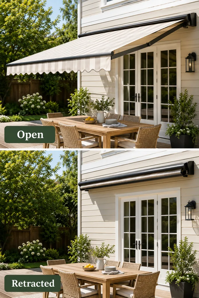 How to Add a Porch Canopy: 13 Stylish Ideas 4 Cream striped retractable awning open and retracted over a patio dining area