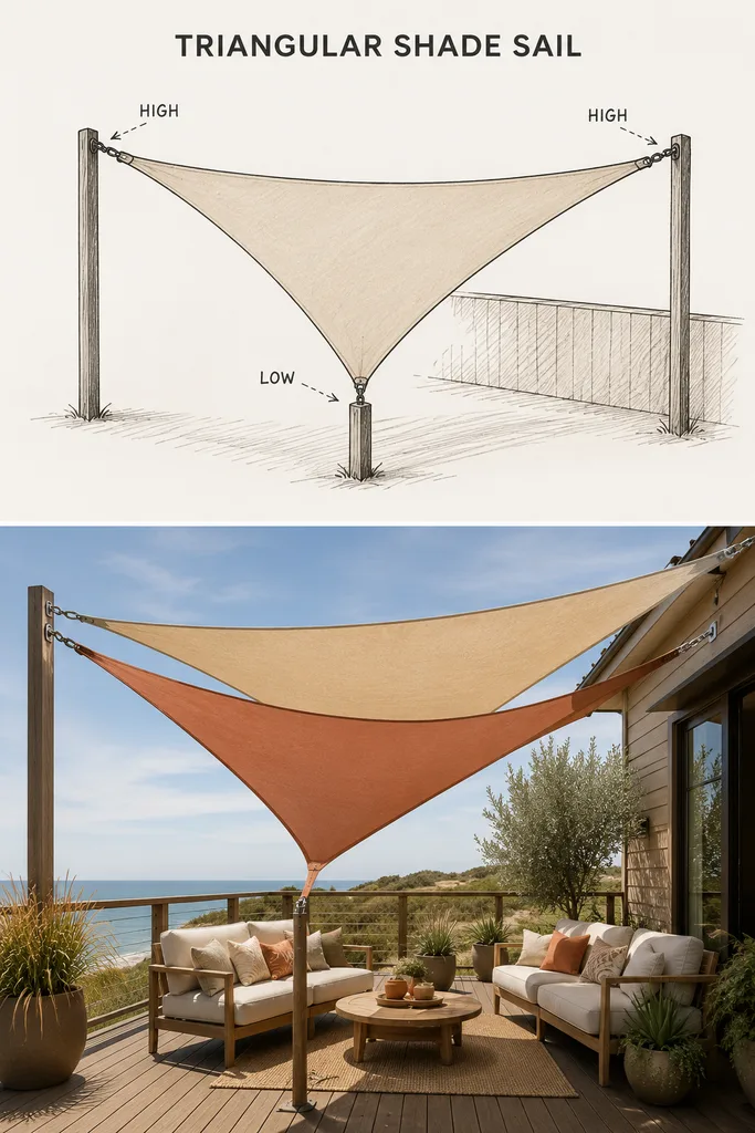 How to Add a Porch Canopy: 13 Stylish Ideas 6 Layered sand and terracotta sail shade over a deck seating area with anchor point diagram