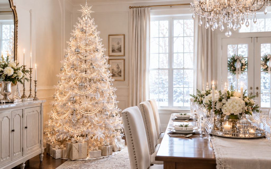 13 Beautiful White Christmas Tree Decorating Ideas for a Magical 2026 Holiday 2 Pearl crystal tree