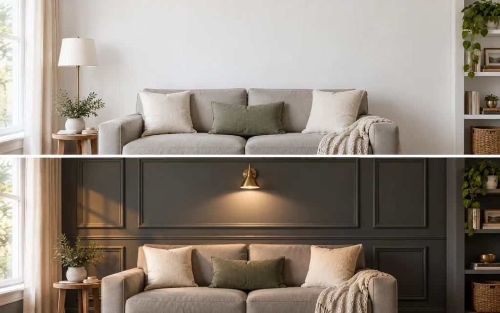  Plain wall transformed with charcoal peel-and-stick molding in a living room