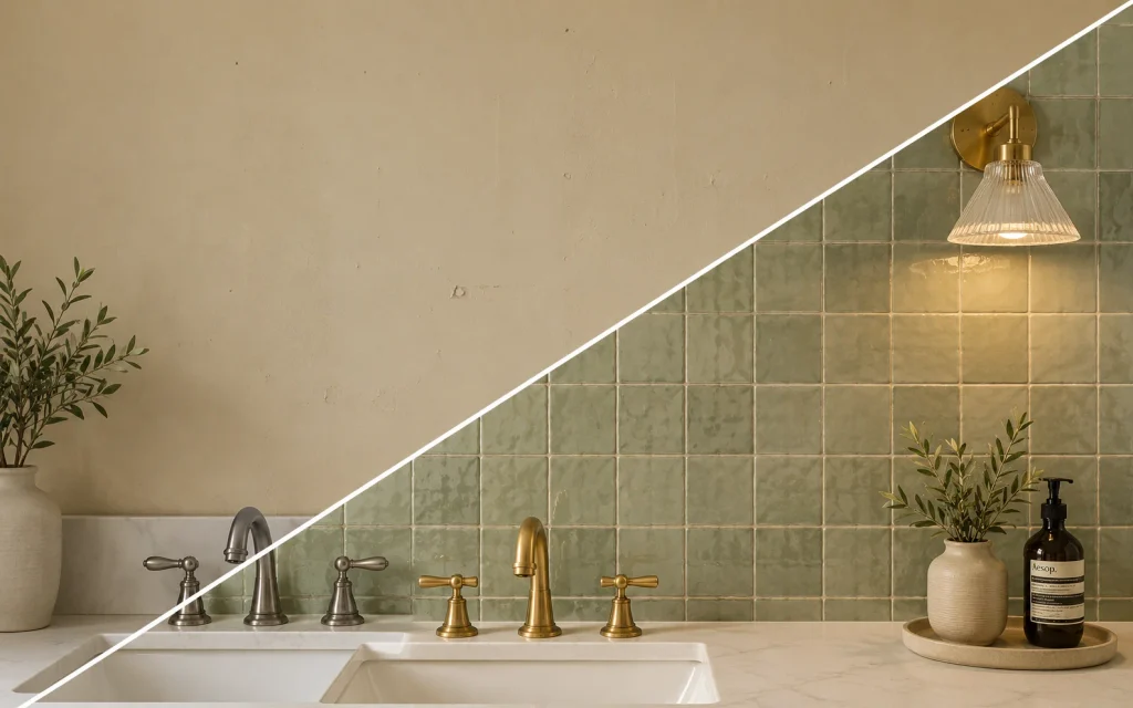 Before and after peel and stick tile backsplash behind a bathroom sink