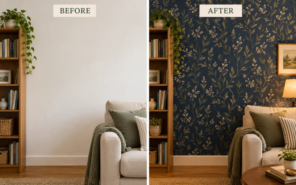 18 Budget Friendly Living Room Makeover: Cozy, Bold & Easy 7 Before and after peel-and-stick wallpaper feature wall in a living room