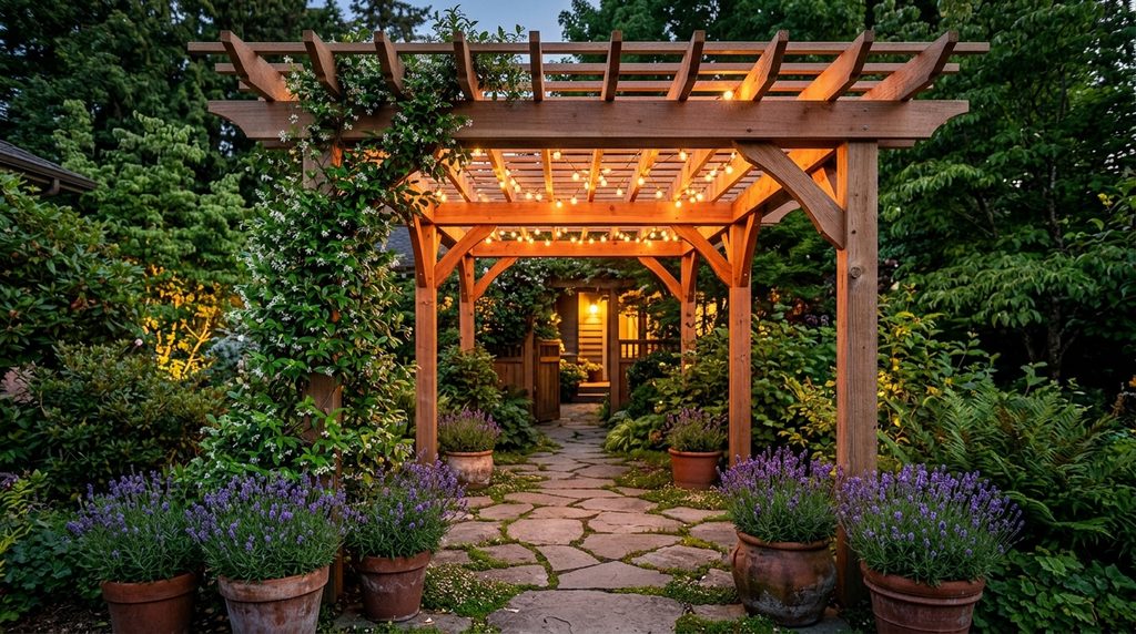 How to Add a Porch Canopy: 13 Stylish Ideas 9 Cedar pergola-style canopy over an entry walkway with climbing jasmine and string lights