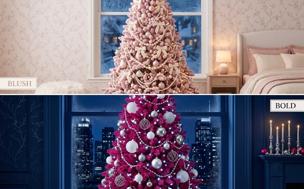 Pink christmas tree ideas 2026 collage with a blush tree and a bold magenta tree