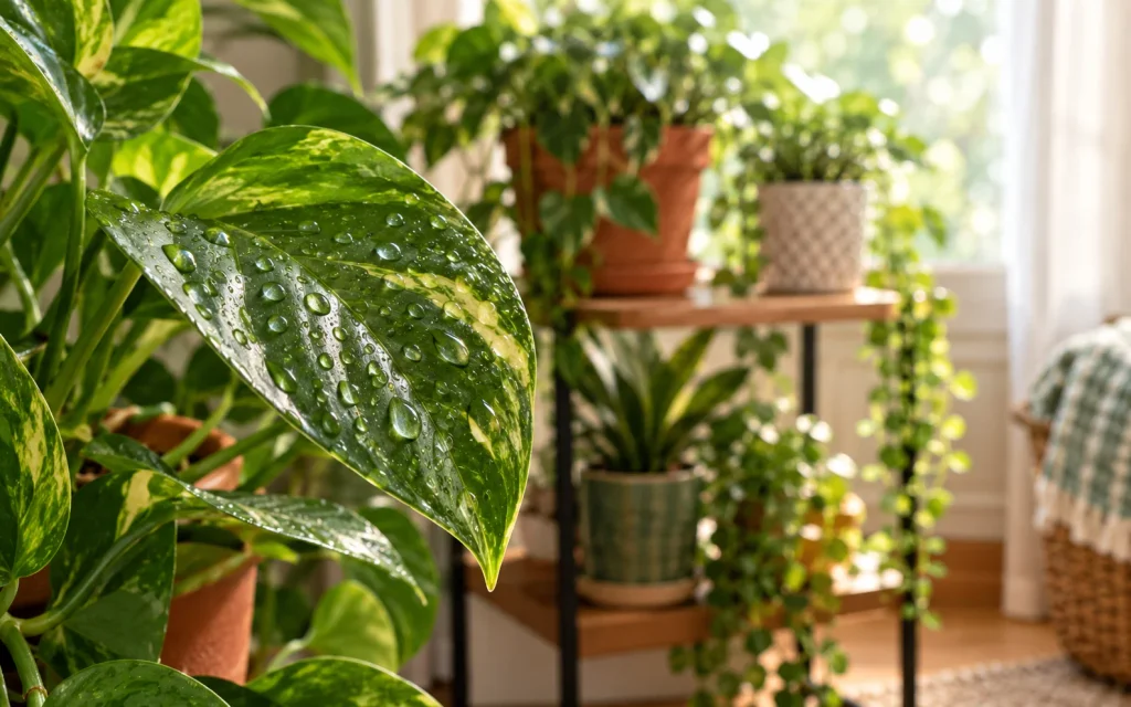 18 Budget Friendly Living Room Makeover: Cozy, Bold & Easy 9 Pothos leaf with water droplets above a tiered plant stand corner