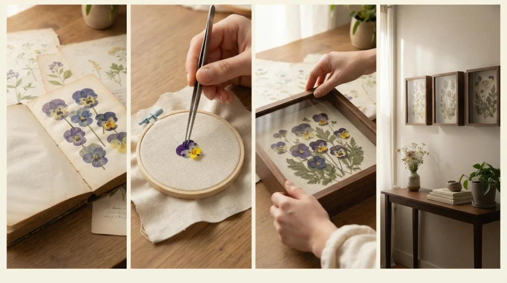 Four steps of making pressed flower shadow boxes for a console wall