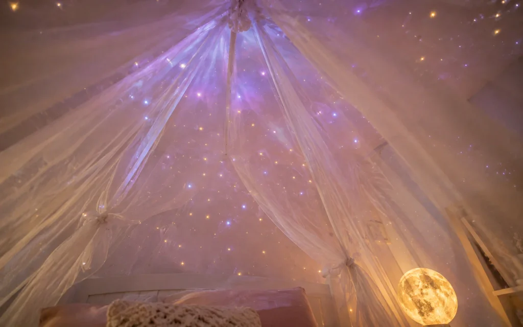 17 Bedroom Decor Ideas for a Girl: Cozy, Chic & Aesthetic 13 Princess room canopy bed with sheer curtains and star projector lights