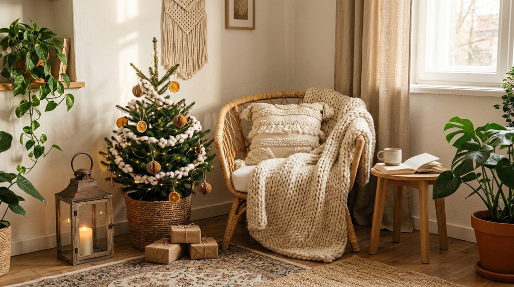 15 Dreamy Boho Christmas Living Room Ideas for a Cozy 2026 Makeover 3 rattan chair corner.jpg 20261017154201