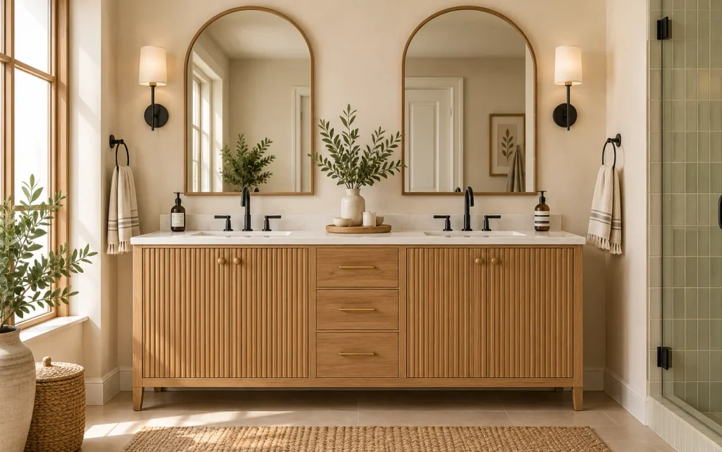  Fluted oak double vanity with two matte black faucets and arched mirrors
