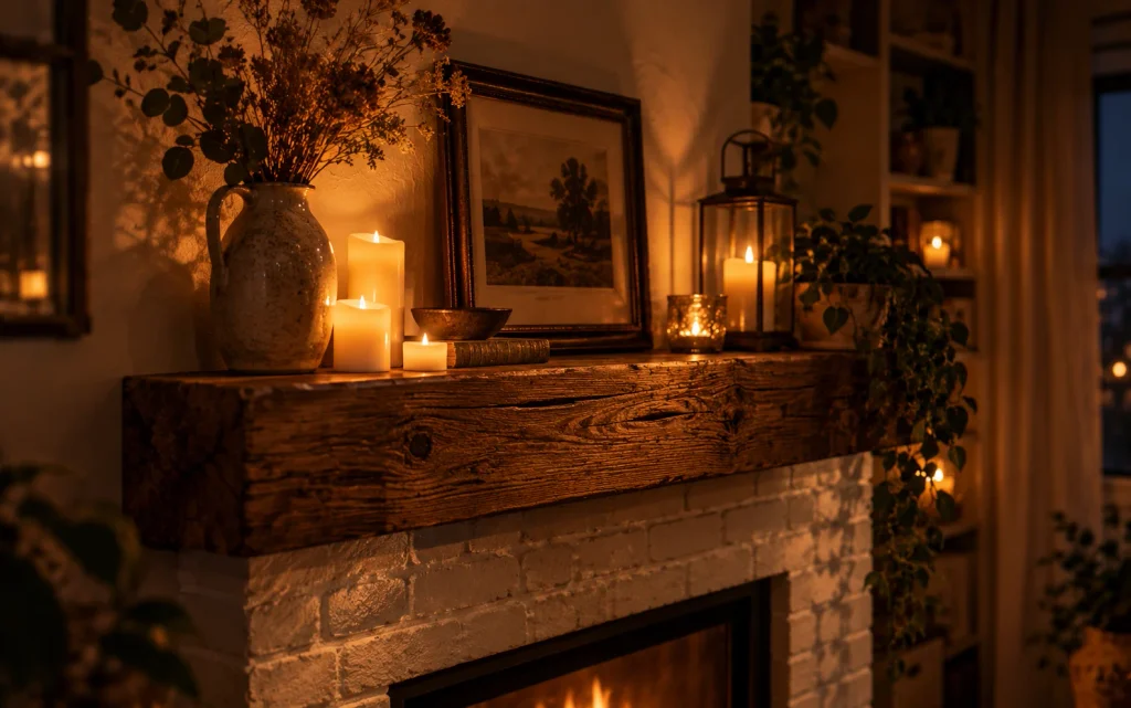 Reclaimed wood mantel with flameless candles above a white brick fireplace