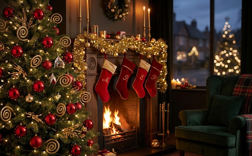 Red and gold christmas tree ideas 2026 beside a fireplace with red stockings and gold garland