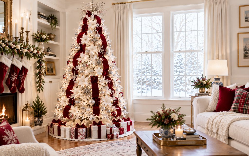 13 Beautiful White Christmas Tree Decorating Ideas for a Magical 2026 Holiday 5 Red ribbon tree