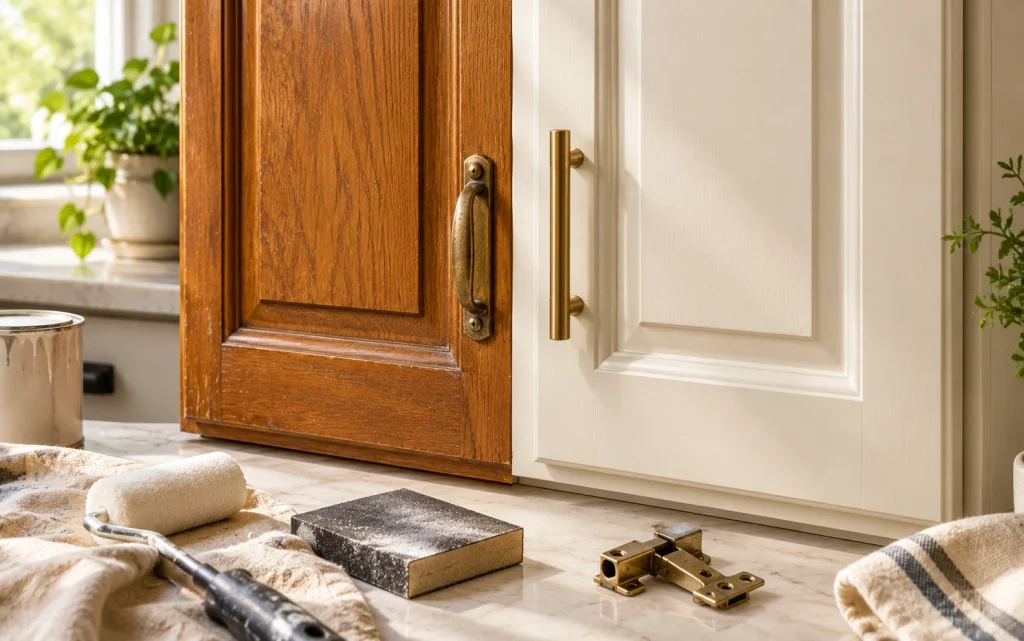 How to Remodel a Kitchen on a Budget: 18 Smart Ideas 4 Kitchen cabinet refresh changing dated oak doors to warm white cabinets with new hardware