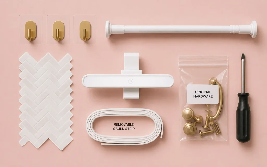  Renter friendly bathroom tools including hooks, tension rod, and peel and stick tile