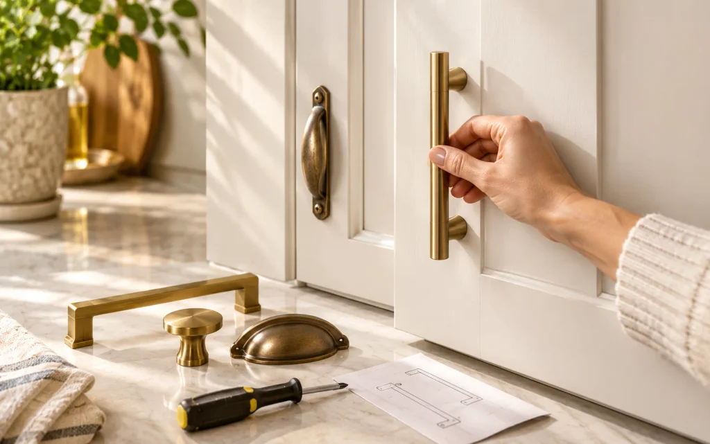 How to Remodel a Kitchen on a Budget: 18 Smart Ideas 5 New brushed brass cabinet pull being installed on a warm white kitchen cabinet