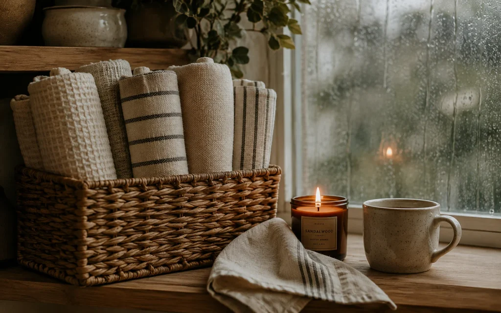 Affordable Tips to Organize Kitchen: 16 Easy Pinterest Ideas 15 Rolled kitchen towels in a woven basket on a cozy open shelf