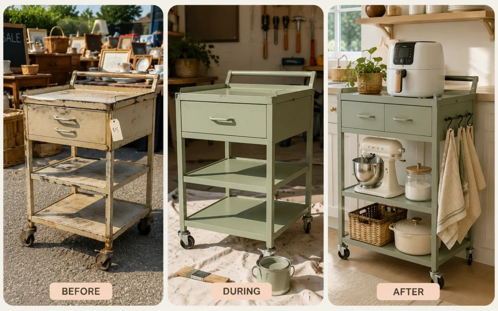 Affordable Tips to Organize Kitchen: 16 Easy Pinterest Ideas 17 Thrifted rolling cart repainted sage and styled with small kitchen appliances