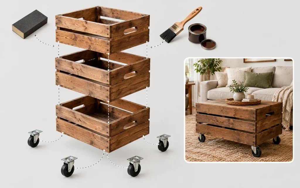 Exploded diagram of a DIY crate coffee table beside the finished table