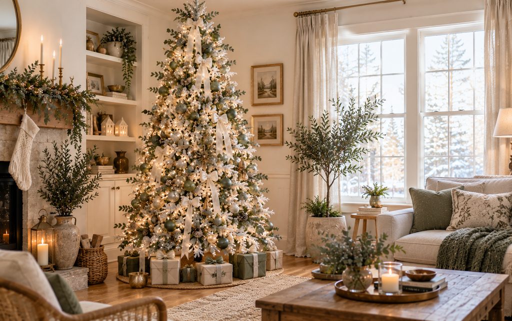 13 Beautiful White Christmas Tree Decorating Ideas for a Magical 2026 Holiday 11 Sage ivory tree