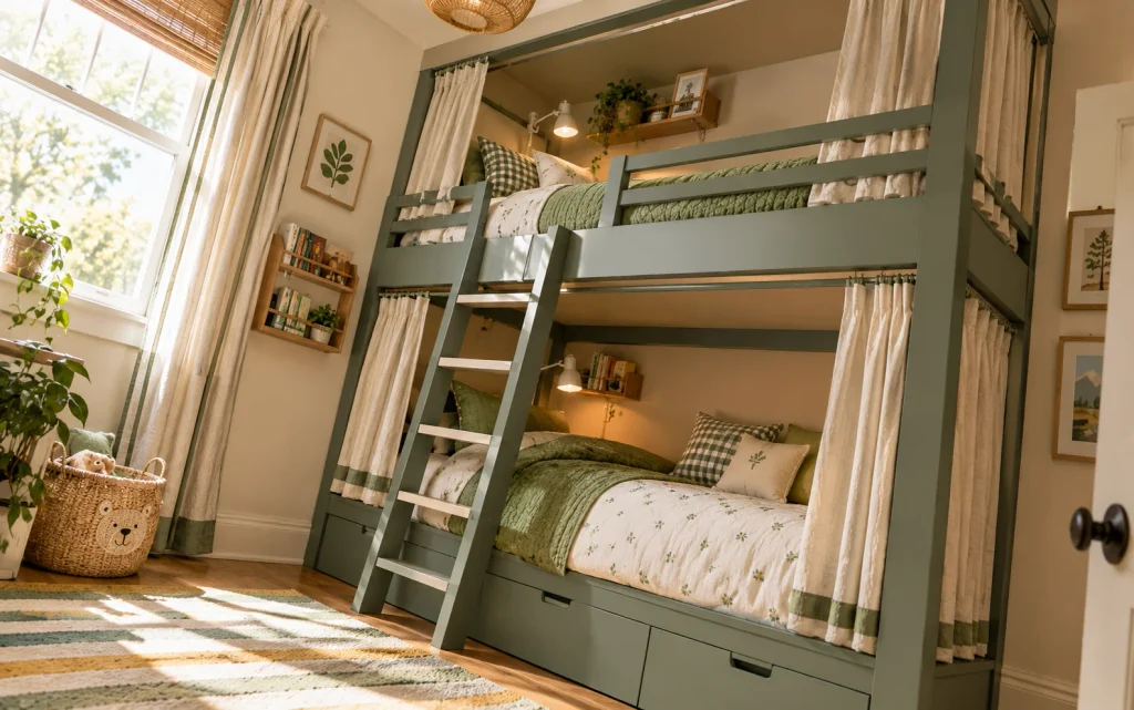 17 Bedroom Decor Ideas for a Girl: Cozy, Chic & Aesthetic 17 Shared bunk bed room decor for siblings with sage and cream bedding