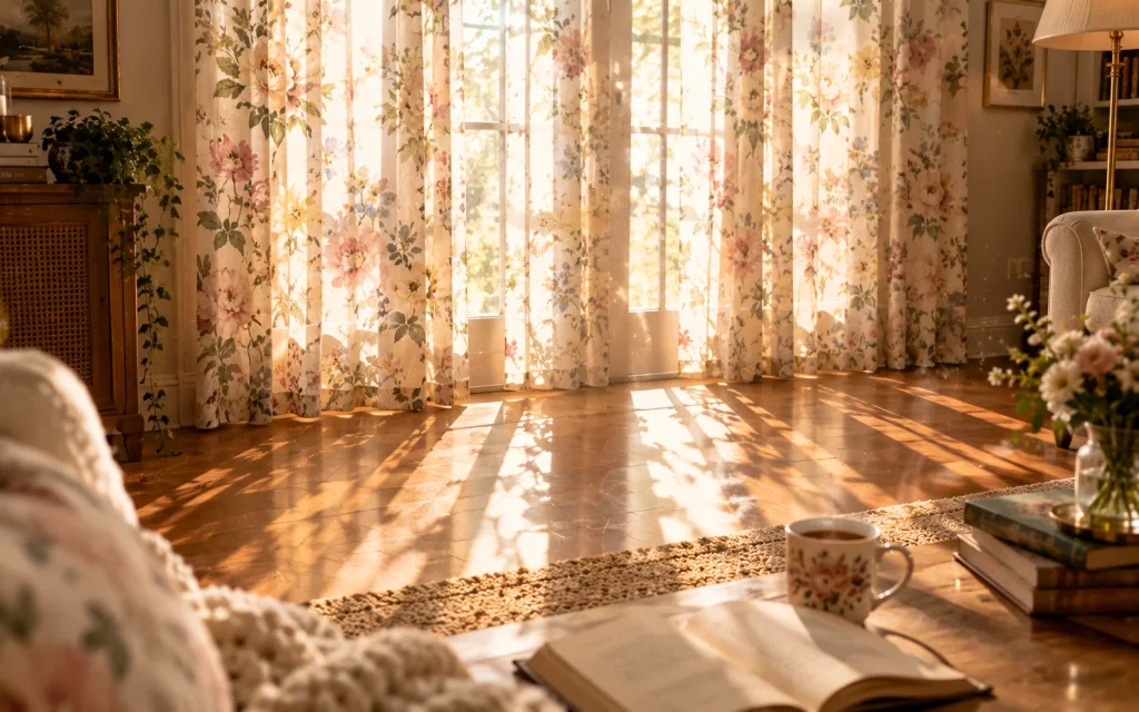 21 Living Room Decor Ideas Floral: Bright, Pretty & Cozy 6 Sheer floral curtains filtering daylight in a living room